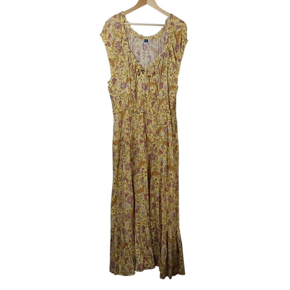 Old Navy Waist-Defined Short-Sleeve Printed Maxi Dress Yellow/Pink Floral XXL - Picture 3 of 10